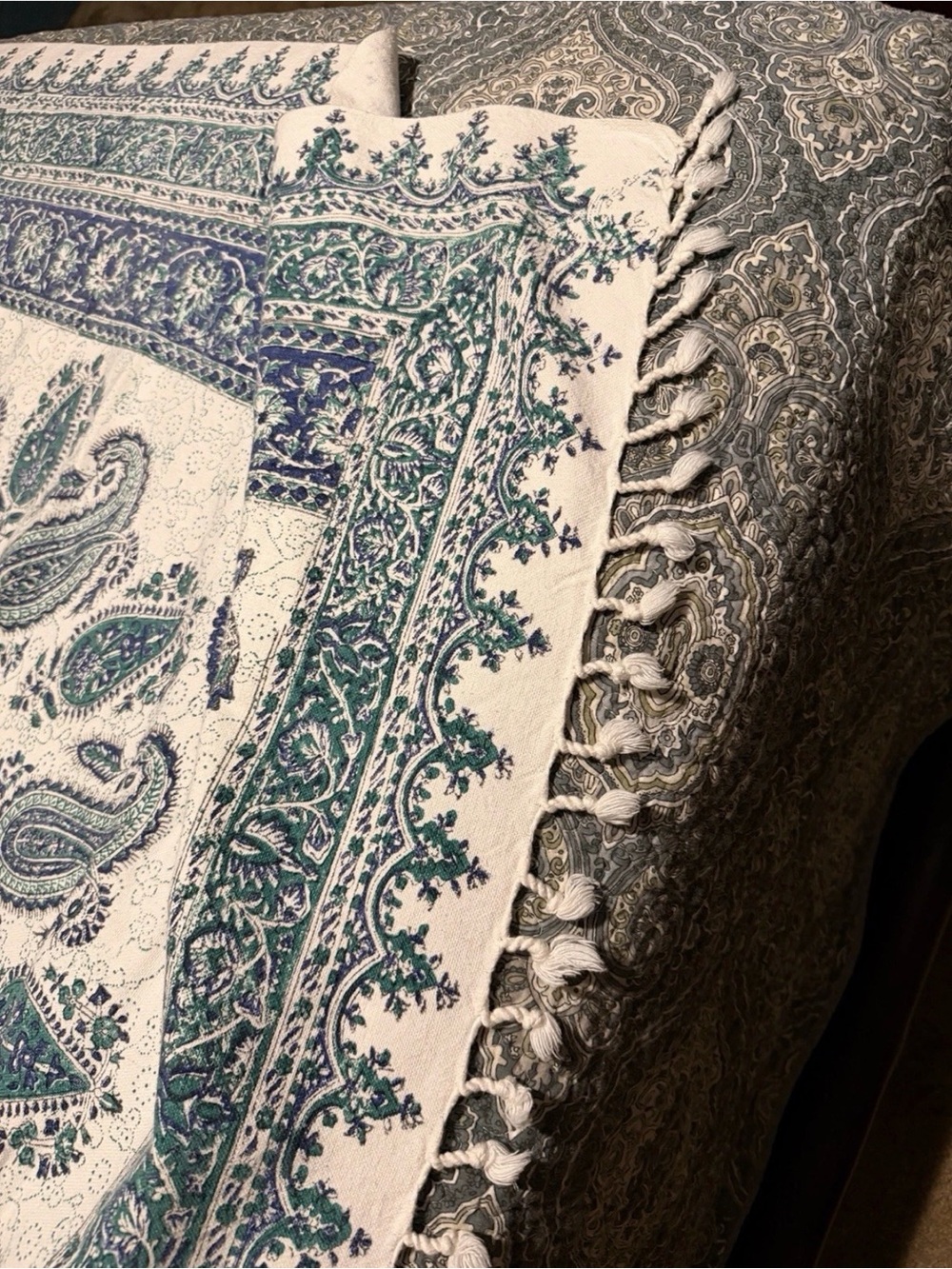 ANTIQUE Esfahan Iran Hand Block Painted Ghalamkar Cotton Fringed (53”x78”) - Picture 7 of 15